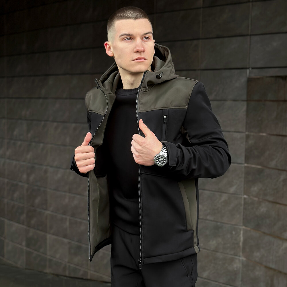 Софтшел куртка чоловіча чорний з хакі Pobedov Setup POBEDOV - Фото 4