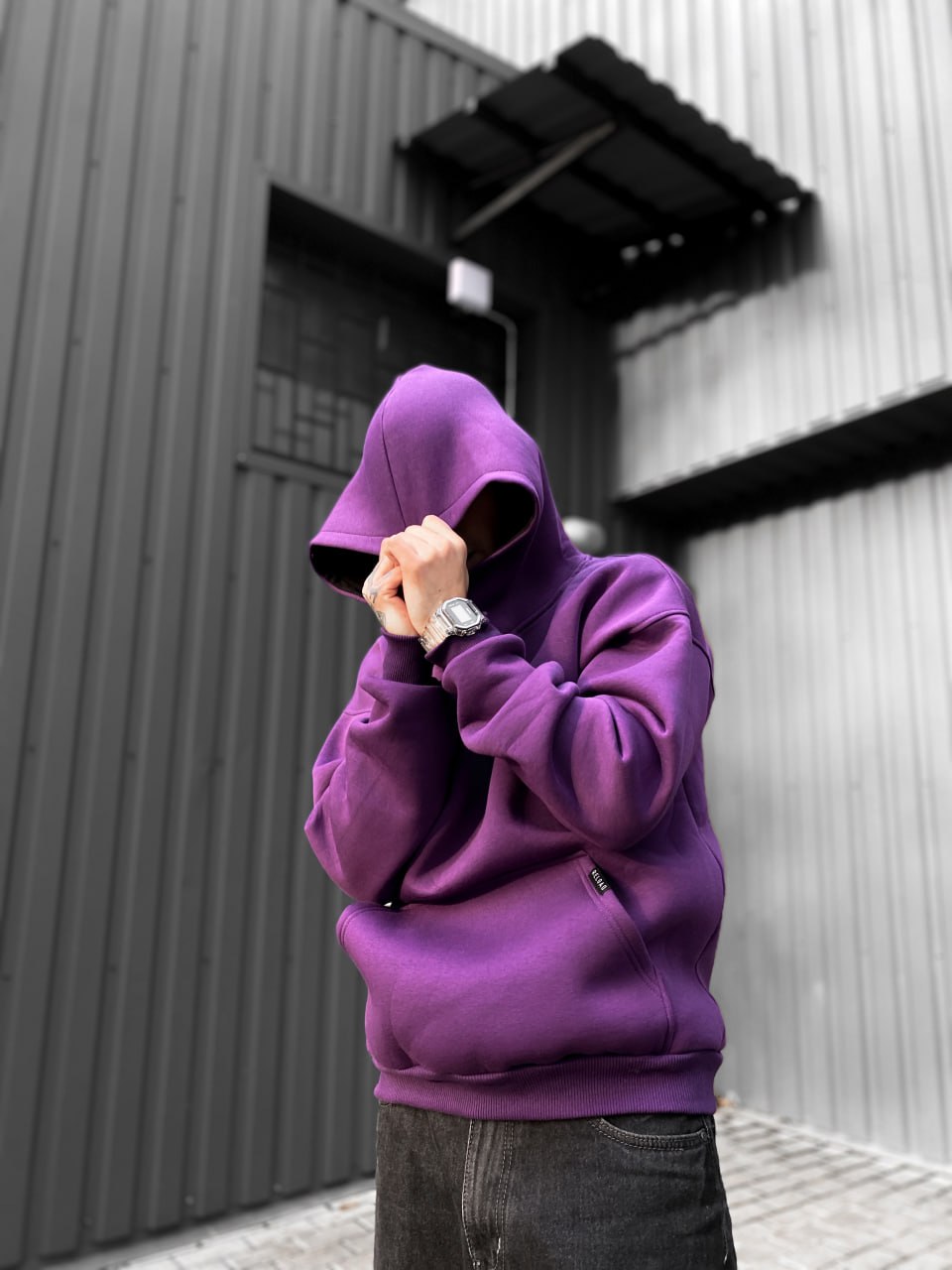 Мужское худи теплое с начесом флис Base фиолетовый/ Толстовка с капюшоном трикотажная демисезонная кофта - Фото 2