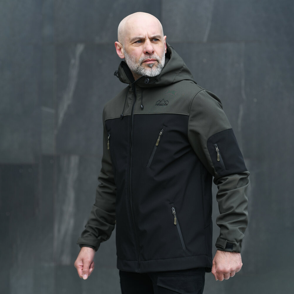 Куртка чоловіча демісезонна з капюшоном чорна-хакі Pobedov Korol' Lev POBEDOV - Фото 1