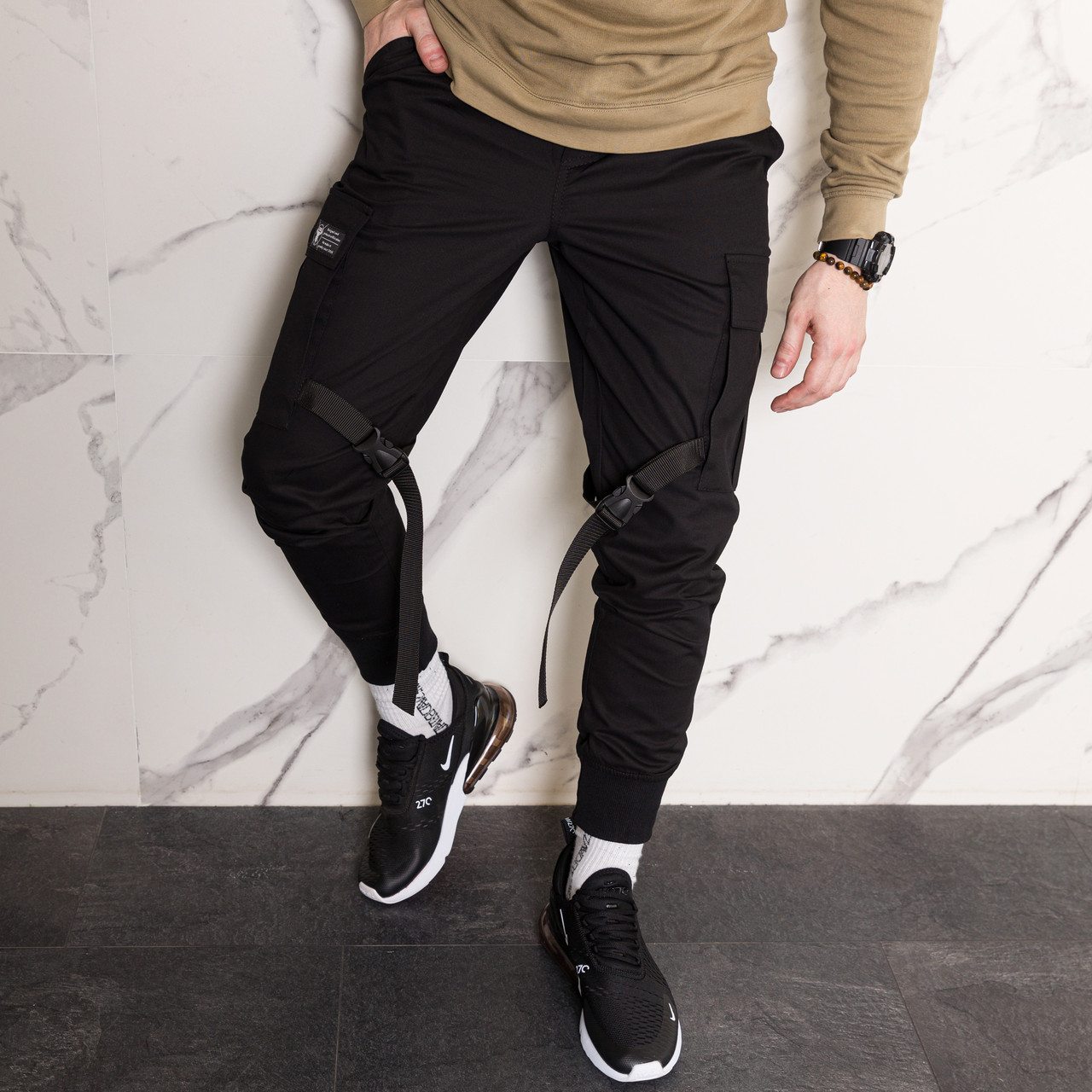 Карго штани джоггер зі стропами і фастексом чорні чоловічі від бренду ТУР Есимицу (Yoshimitsu) TУRWEAR