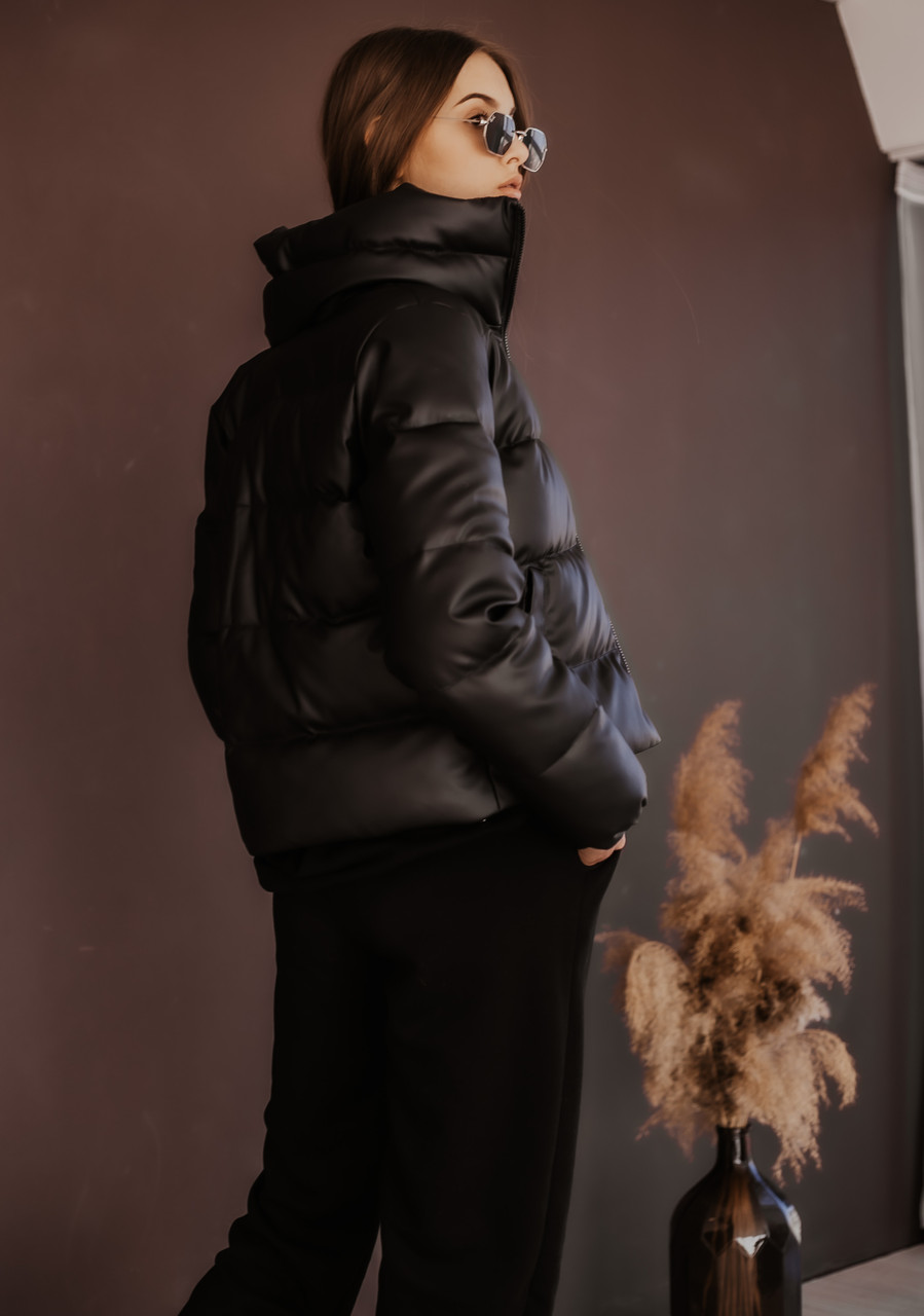 Куртка жіноча пуховик укорочений 'Bubble' від Intruder еко-шкіра чорний - Фото 5