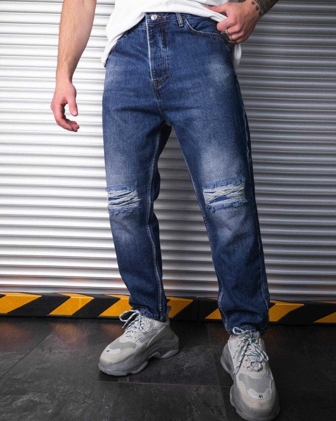 Мужские джинсы с перфорацией BEZET темно синий - Фото 1