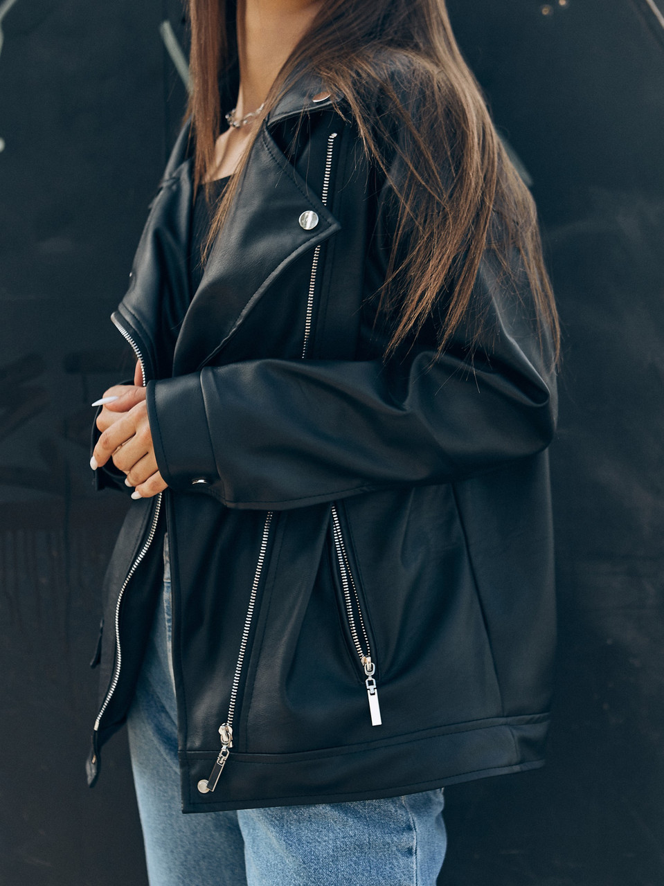 Косуха оверсайз жіноча, видовжена чорна марка TUR модель Аманда, розмір S, M TURWEAR