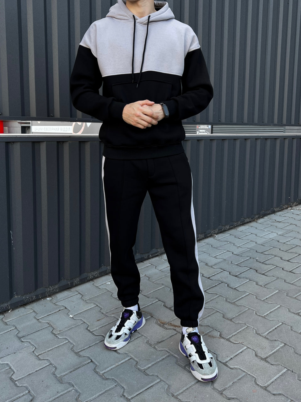 Чоловічий теплий спортивний костюм, флісовий Reload - Double чорний з сірим - Фото 4