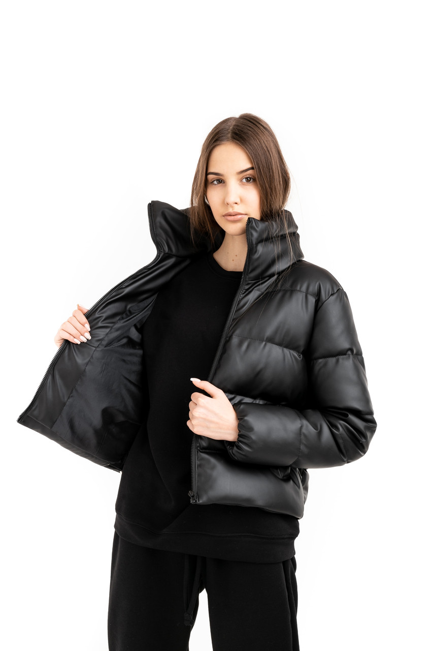 Куртка жіноча пуховик укорочений 'Bubble' від Intruder еко-шкіра чорний - Фото 3