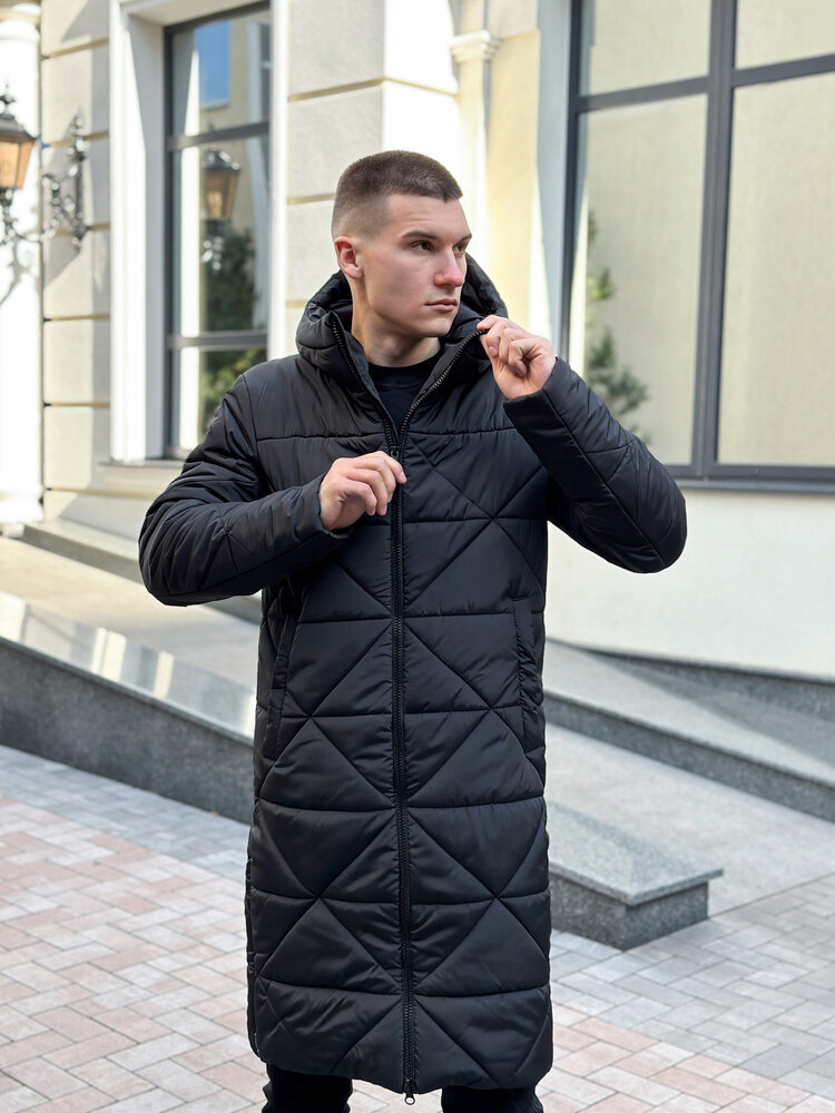 Чоловіча зимова куртка подовжена з капюшоном чорна Pobedov Zmist - Фото 3