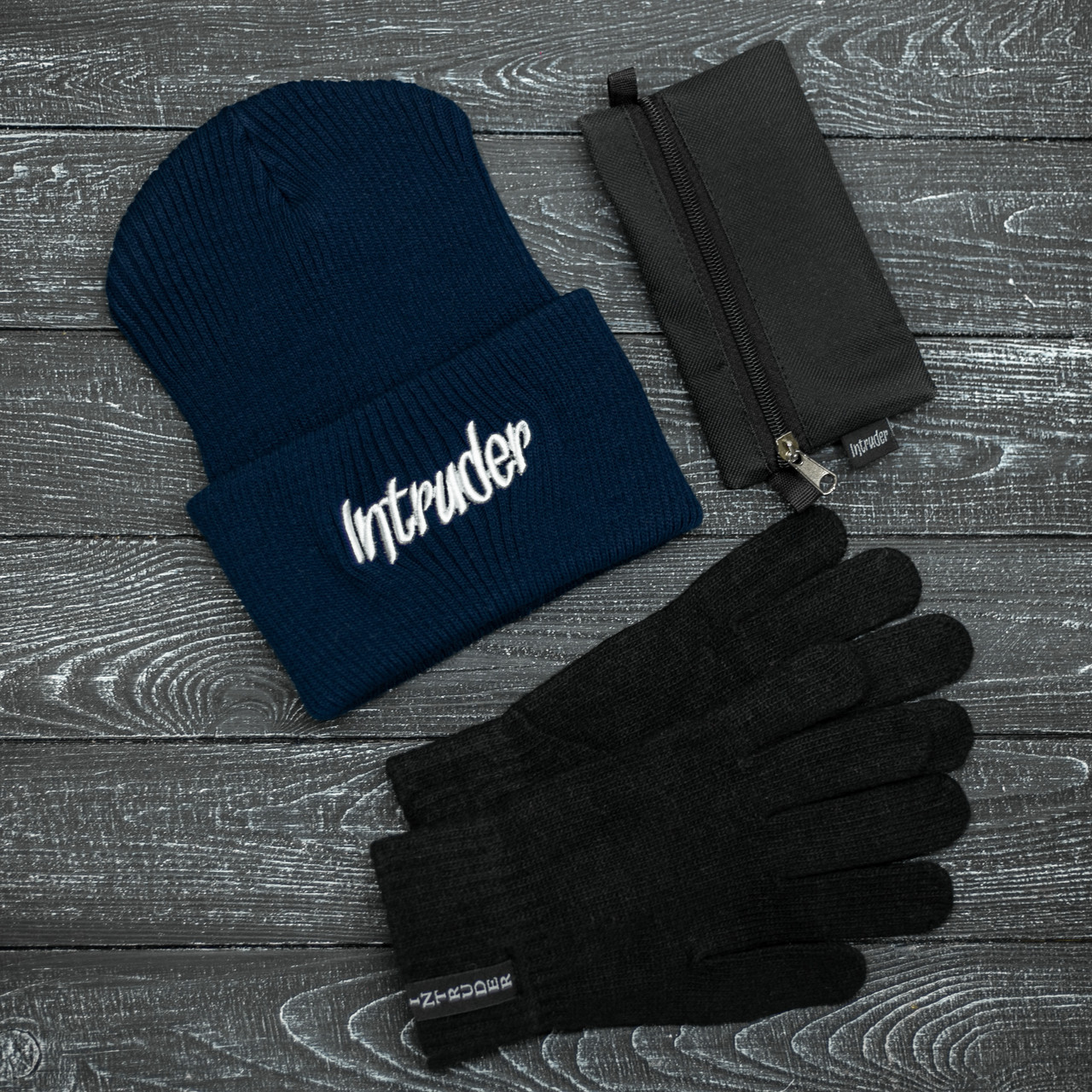 Шапка Intruder зимняя big logo синяя и перчатки черные, зимний комплект 
