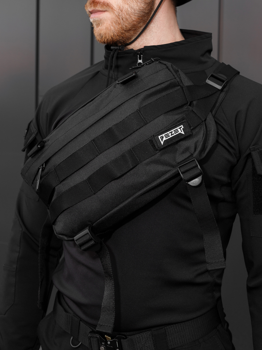 Тактический комплект BEZET TACTIC черный ( Футболка Combat, шорты карго Эшелон, нагрудная сумка Tactic, Бейсболка Military)