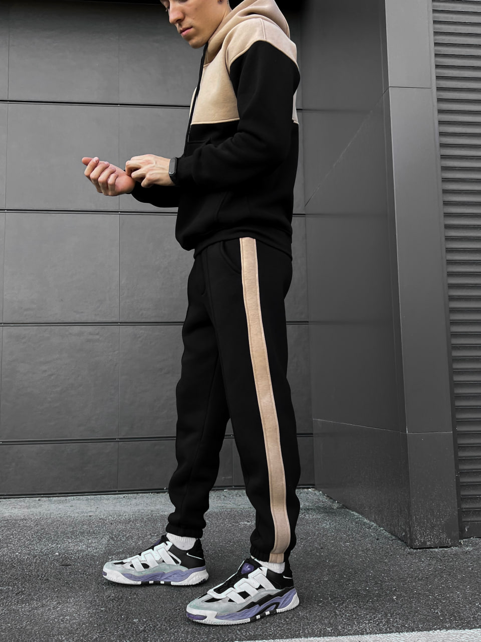 Чоловічий теплий спортивний костюм, флісовий Reload - Double чорний з бежевим - Фото 7