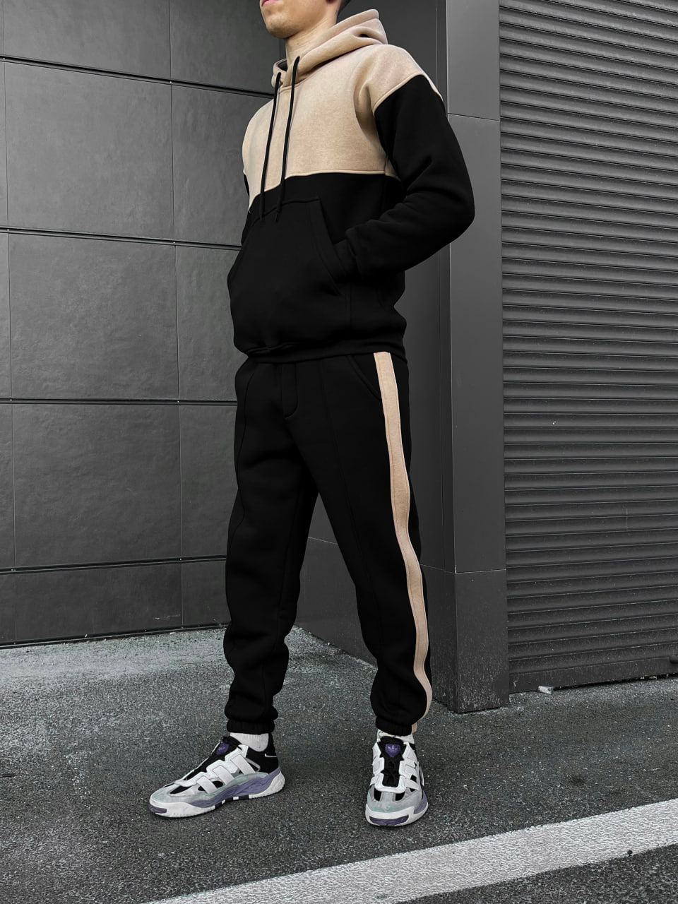 Чоловічий теплий спортивний костюм, флісовий Reload - Double чорний з бежевим - Фото 6
