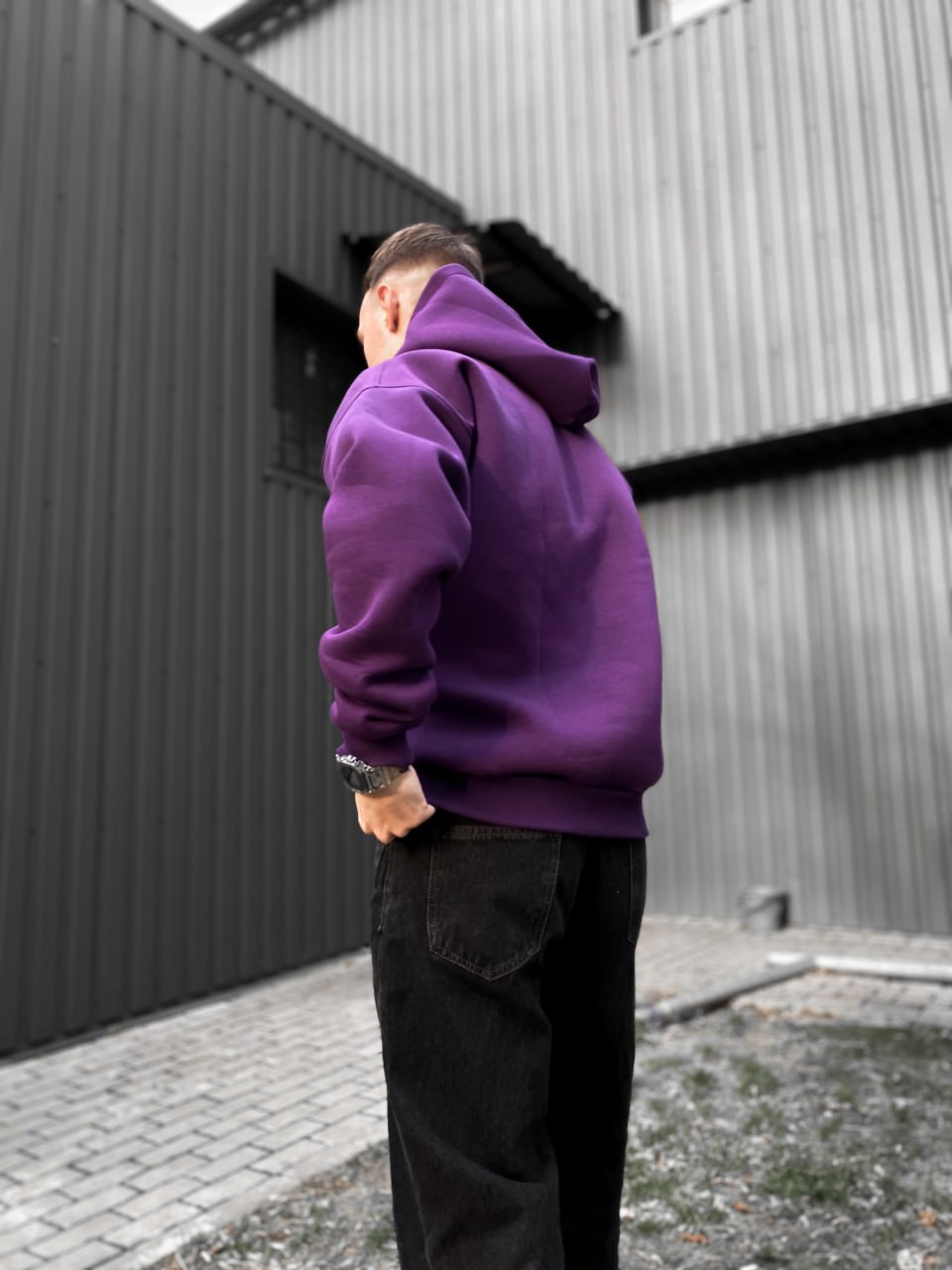 Мужское худи теплое с начесом флис Base фиолетовый/ Толстовка с капюшоном трикотажная демисезонная кофта - Фото 5