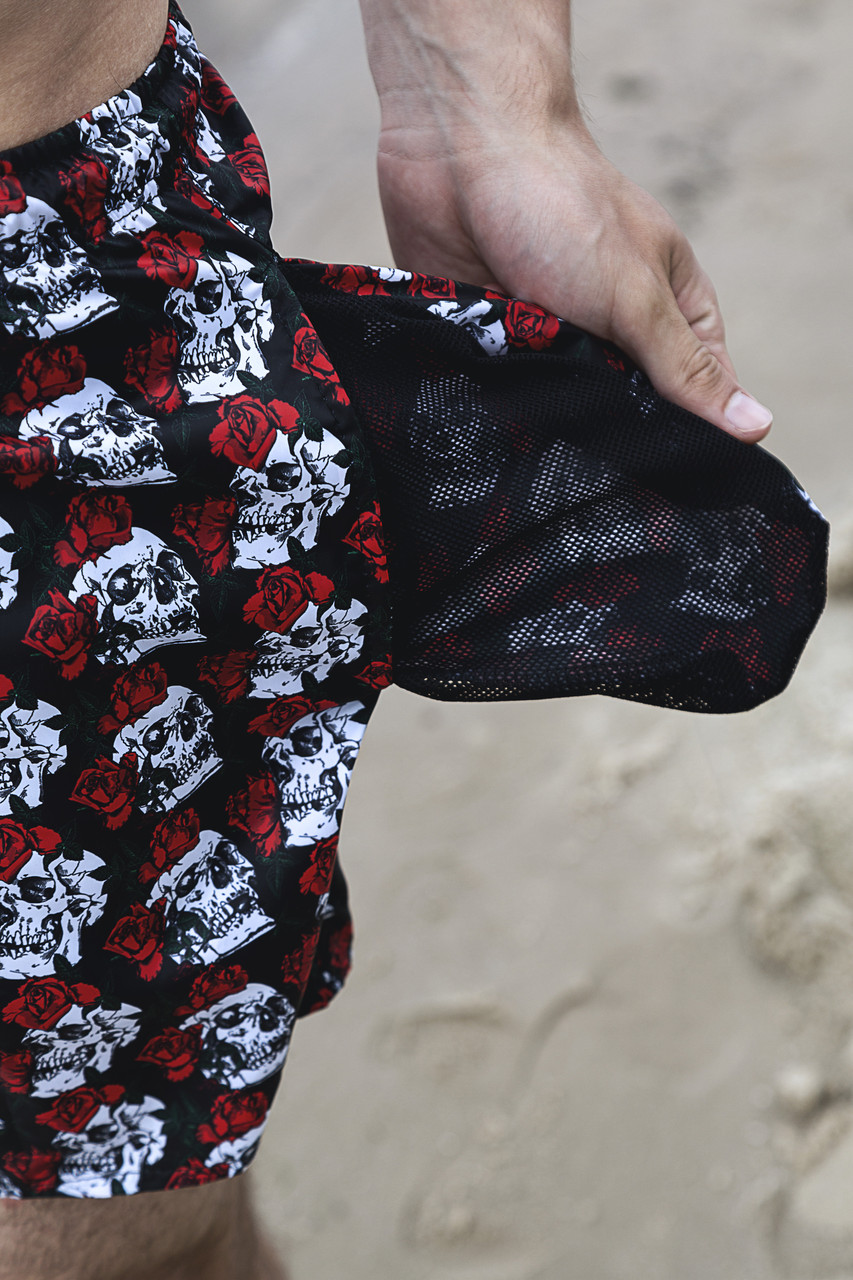 Шорти Купальні чоловічі Intruder 'Breeze' c принтом пляжні 'skull & rose' чорно-червоні Intruder - Фото 3