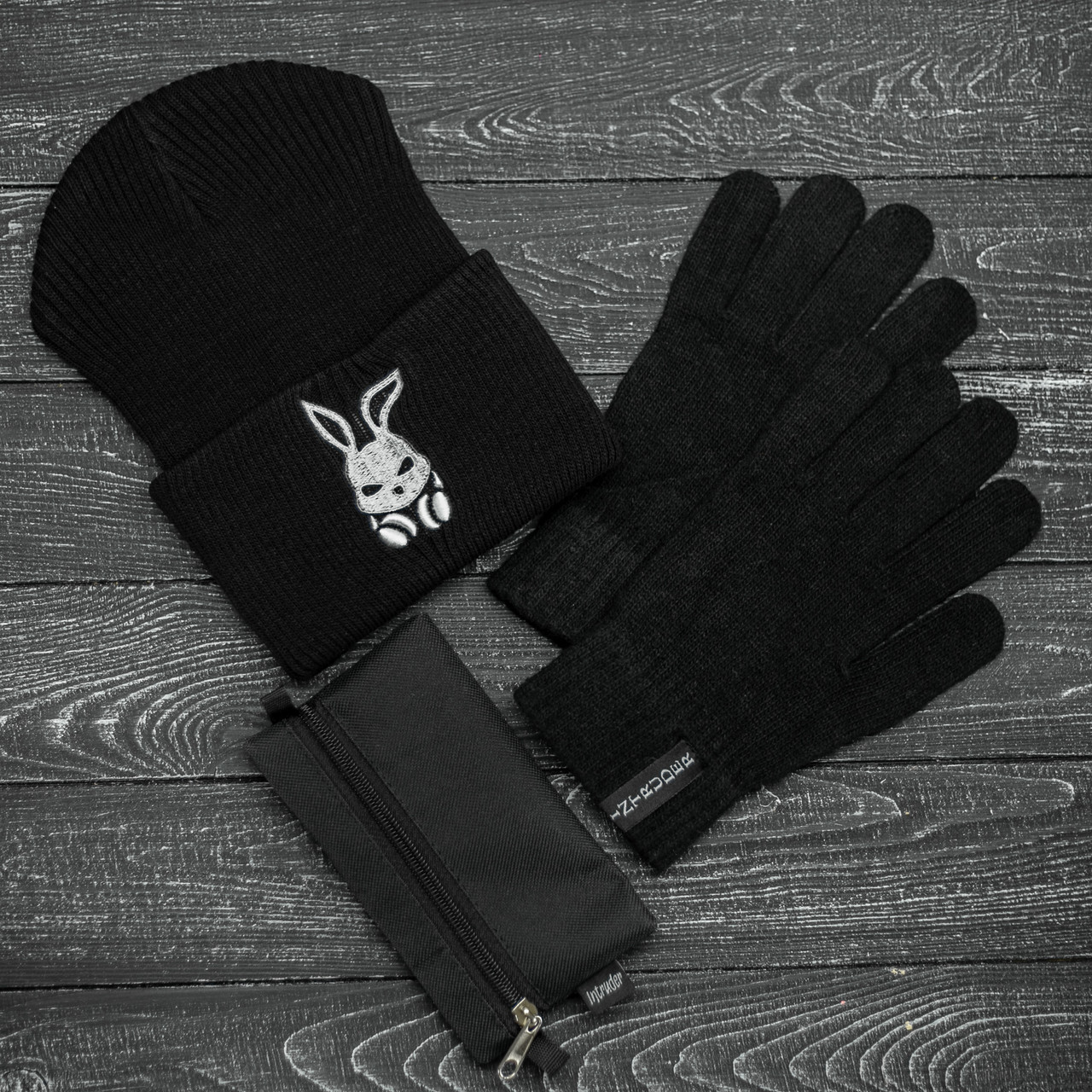 Шапка Intruder зимова bunny logo, рукавички зимовий комплект чорний Intruder