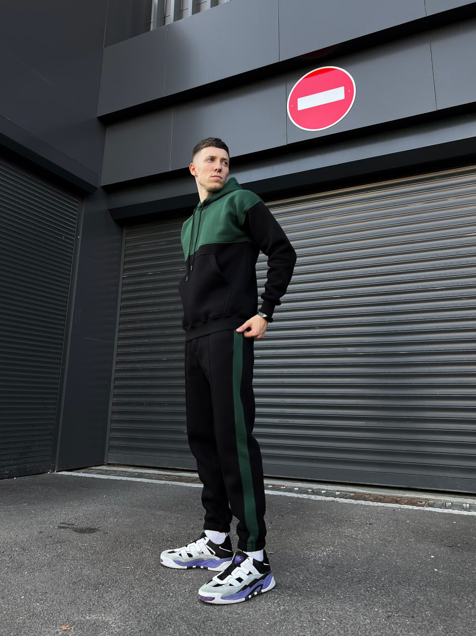 Мужской теплый спортивный костюм флисовый Reload - Double черный с зеленым