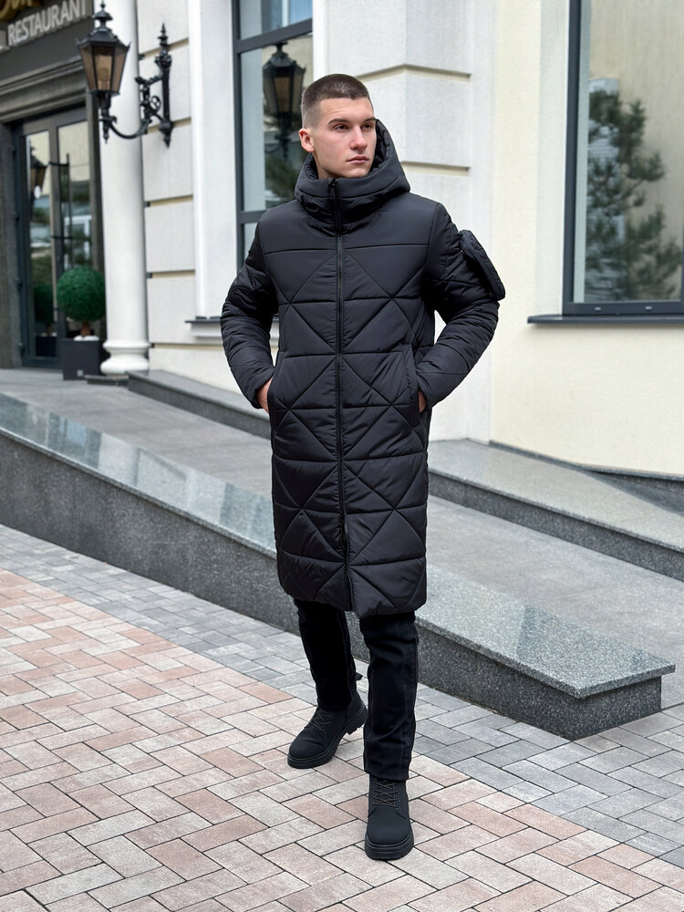 Чоловіча зимова куртка подовжена з капюшоном чорна Pobedov Zmist - Фото 5