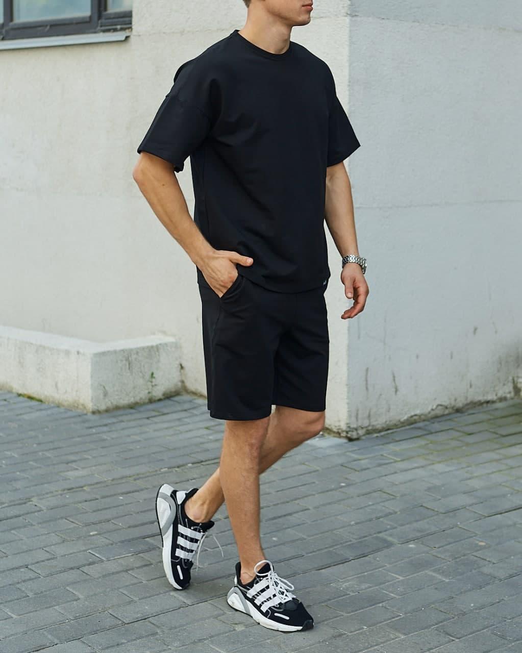 Летний комплект черная футболка мужская Quil (Квил) черные шорты мужские Duncan (Дункан) TURWEAR