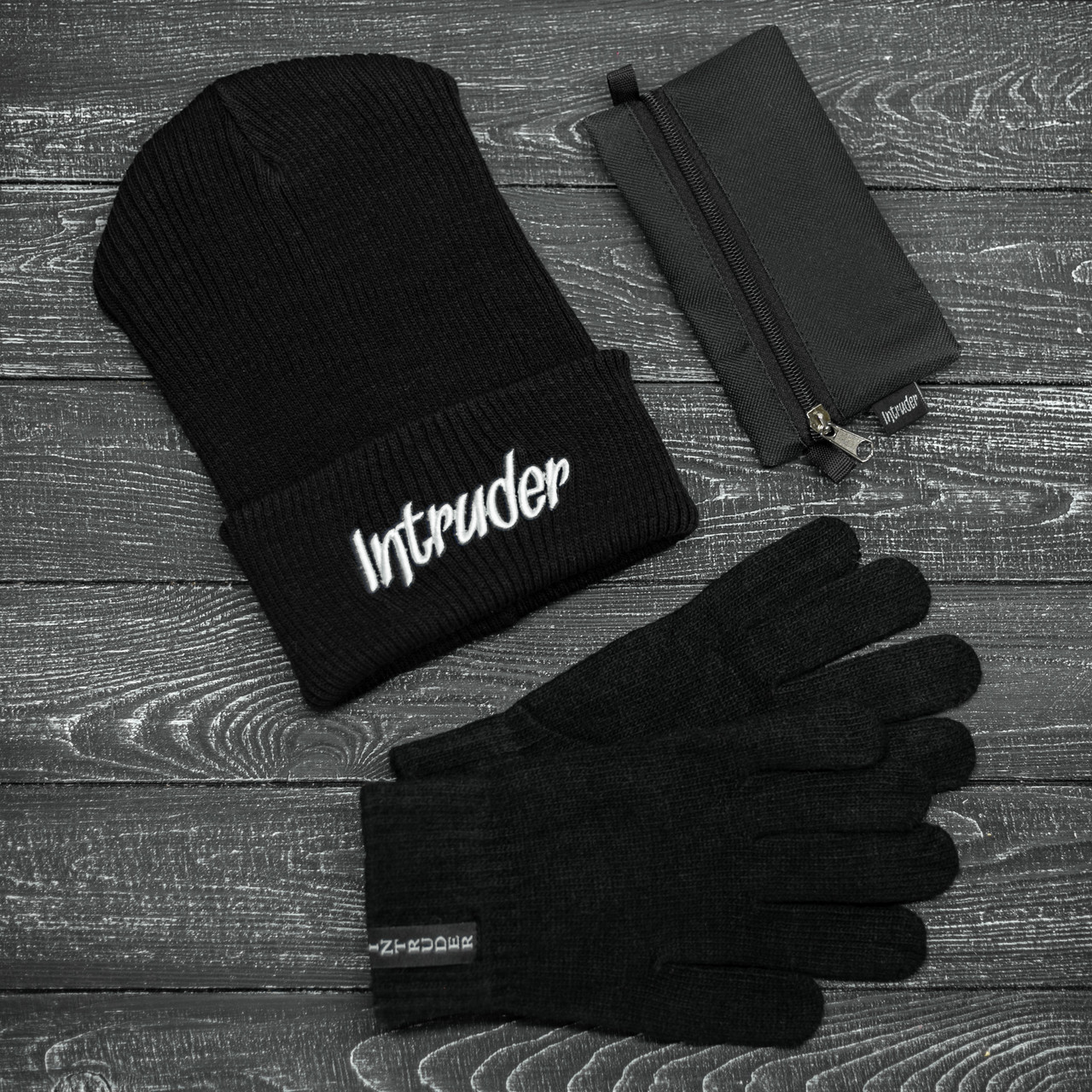 Шапка Мужская/ Женская Intruder зимняя big logo и перчатки зимний комплект черный