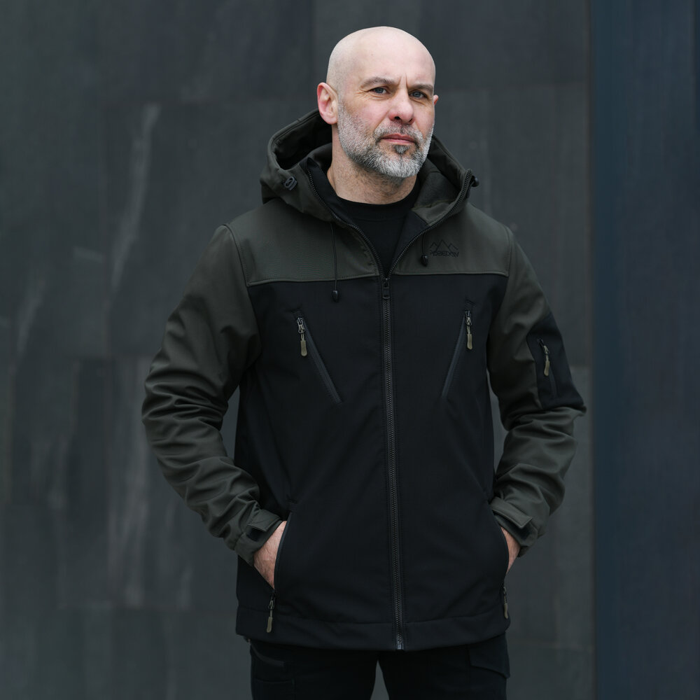 Куртка чоловіча демісезонна з капюшоном чорна-хакі Pobedov Korol' Lev POBEDOV
