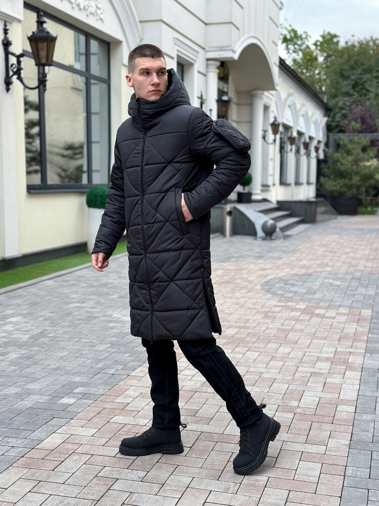 Чоловіча зимова куртка подовжена з капюшоном чорна Pobedov Zmist - Фото 6