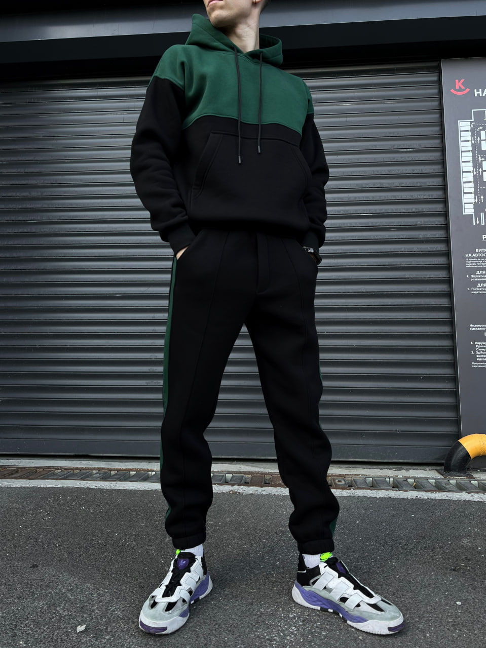 Чоловічий теплий спортивний костюм, флісовий Reload - Double чорний з зеленим - Фото 9