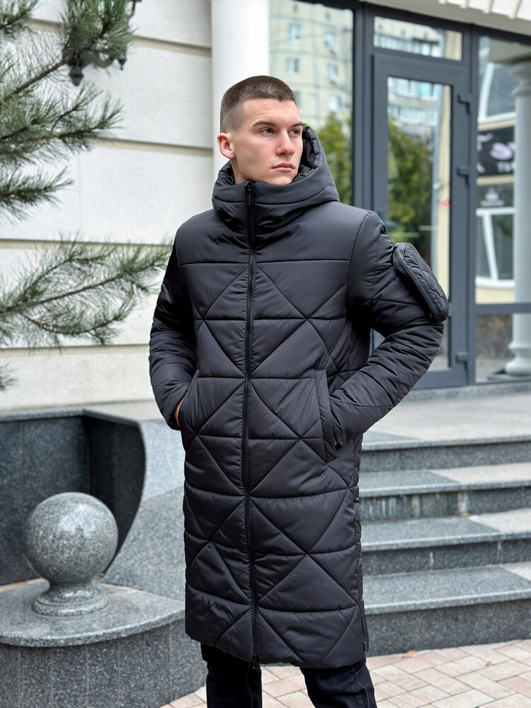 Чоловіча зимова куртка подовжена з капюшоном чорна Pobedov Zmist - Фото 7