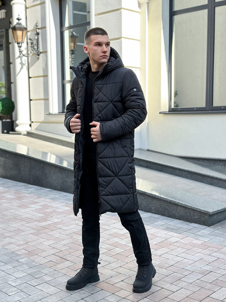Чоловіча зимова куртка подовжена з капюшоном чорна Pobedov Zmist - Фото 8