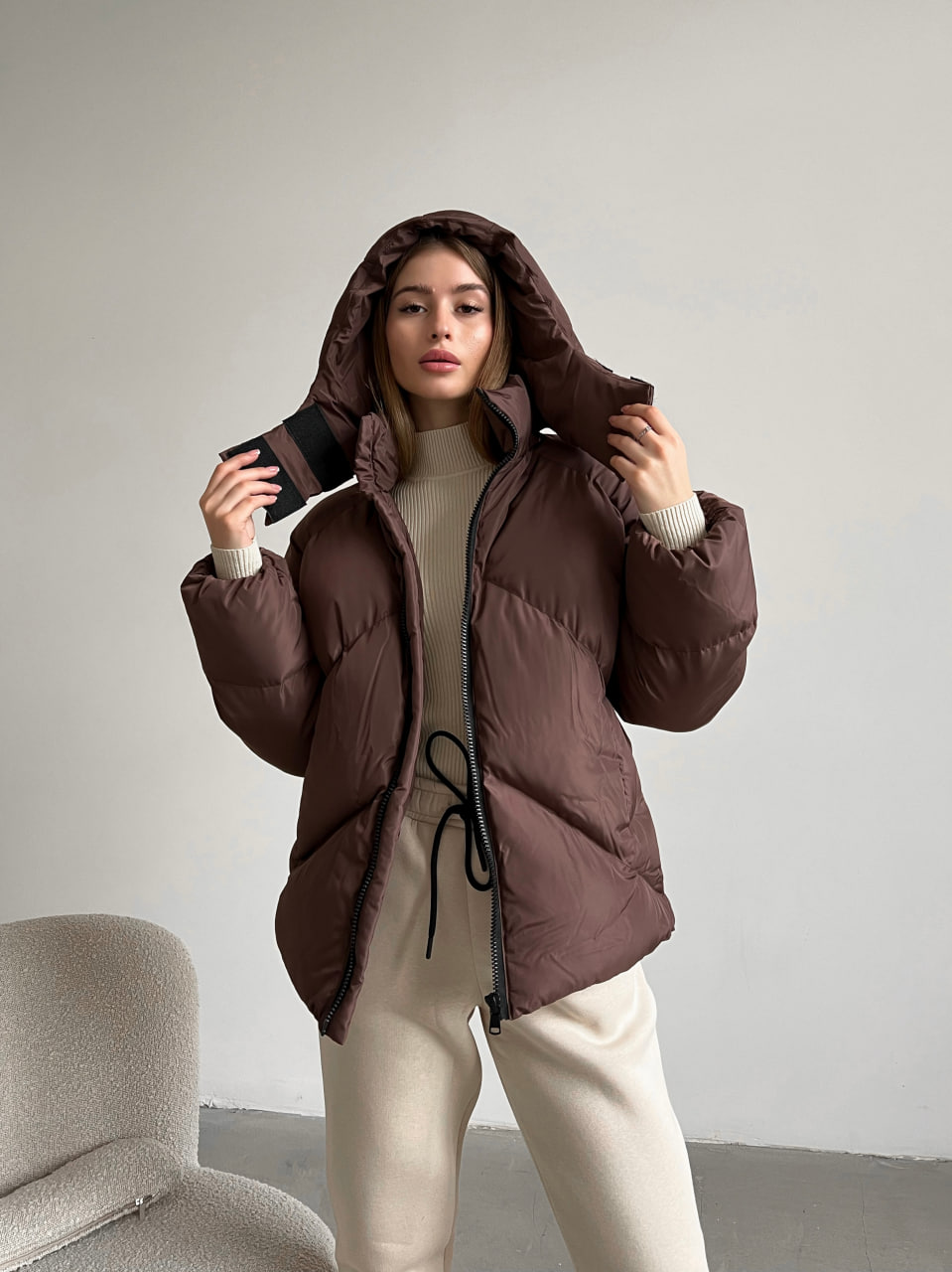 Женская зимняя куртка пуховик оверсайз Reload - Quadro W коричневая - Фото 7